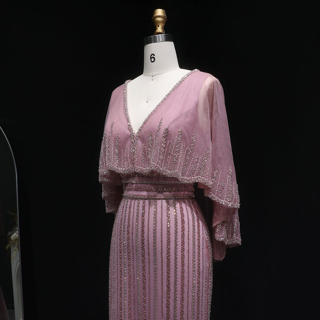 Luxury Beaded Pink V-Neck Mermaid Evening Dresses with Cape SS284