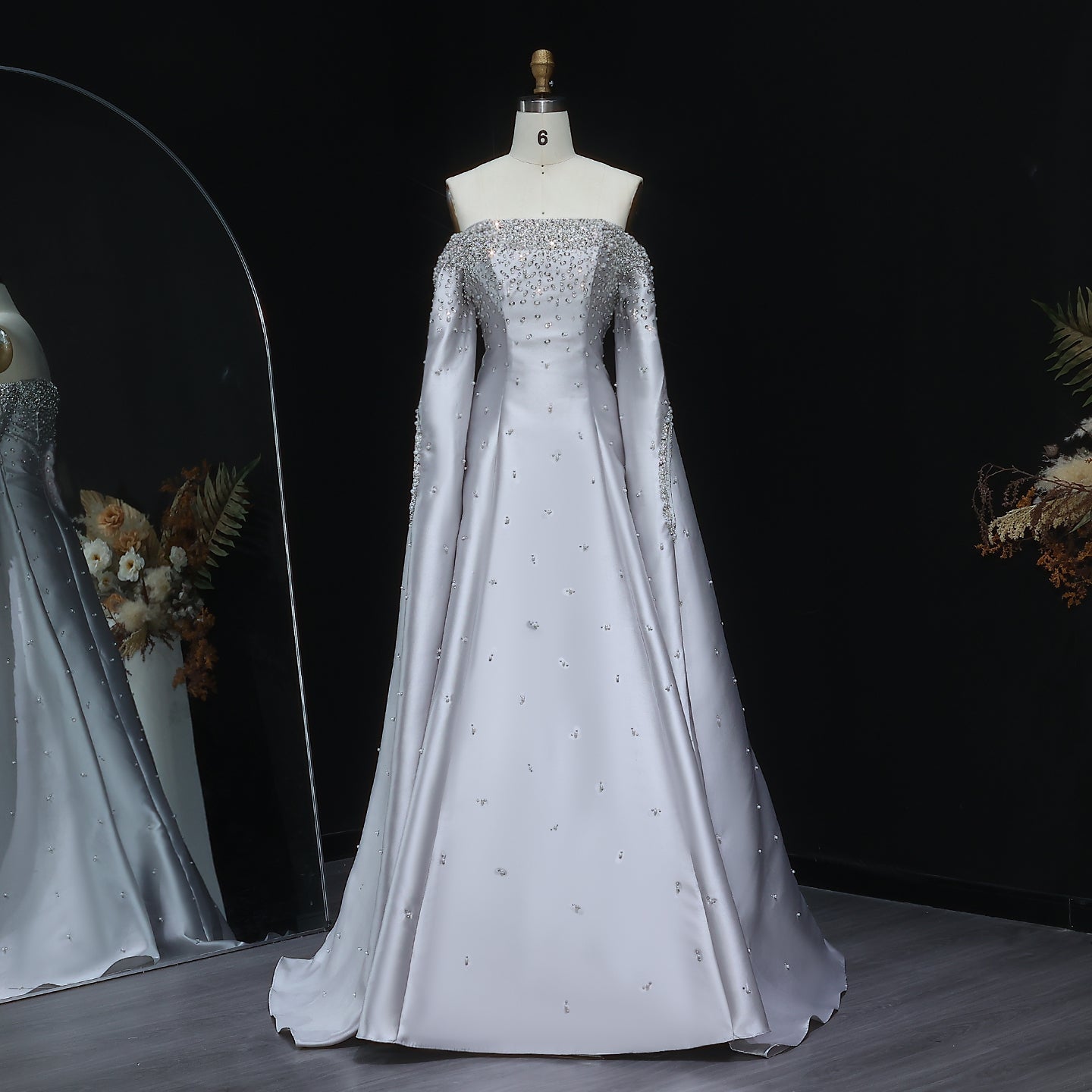 Luxury Beaded Gray Evening Dress with Cape Sleeve SS575