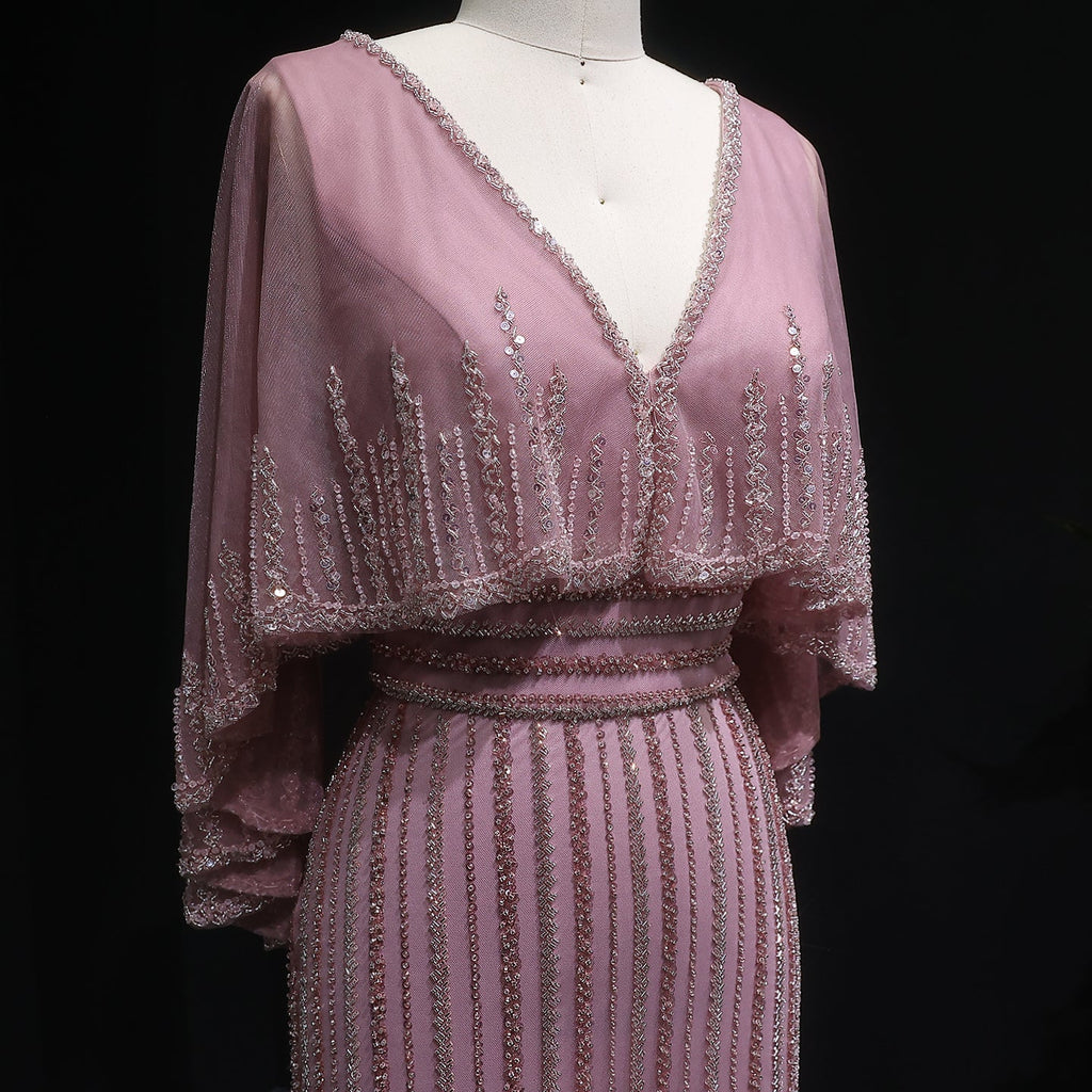 Luxury Beaded Pink V-Neck Mermaid Evening Dresses with Cape SS284