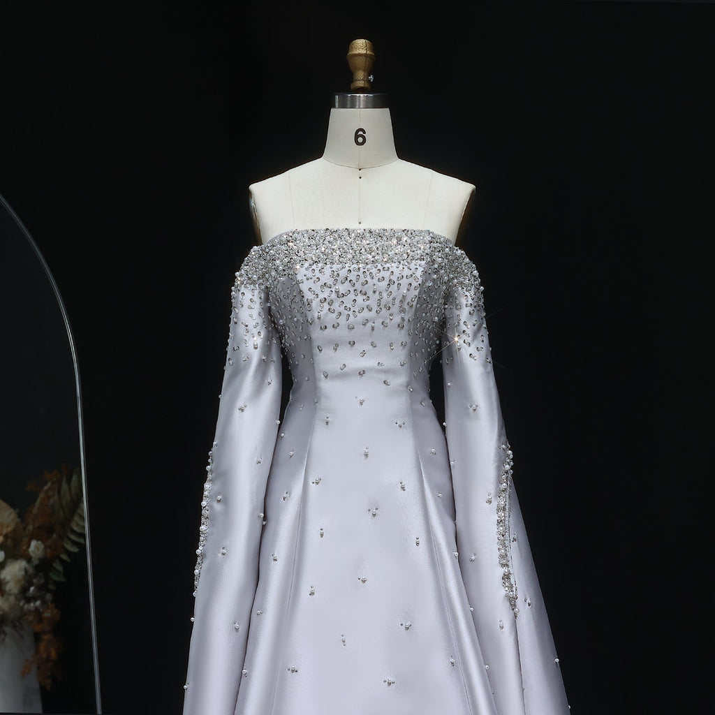 Luxury Beaded Gray Evening Dress with Cape Sleeve SS575