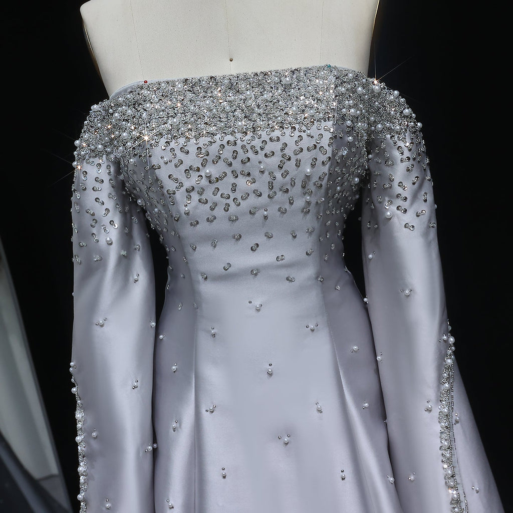 Luxury Beaded Gray Evening Dress with Cape Sleeve SS575