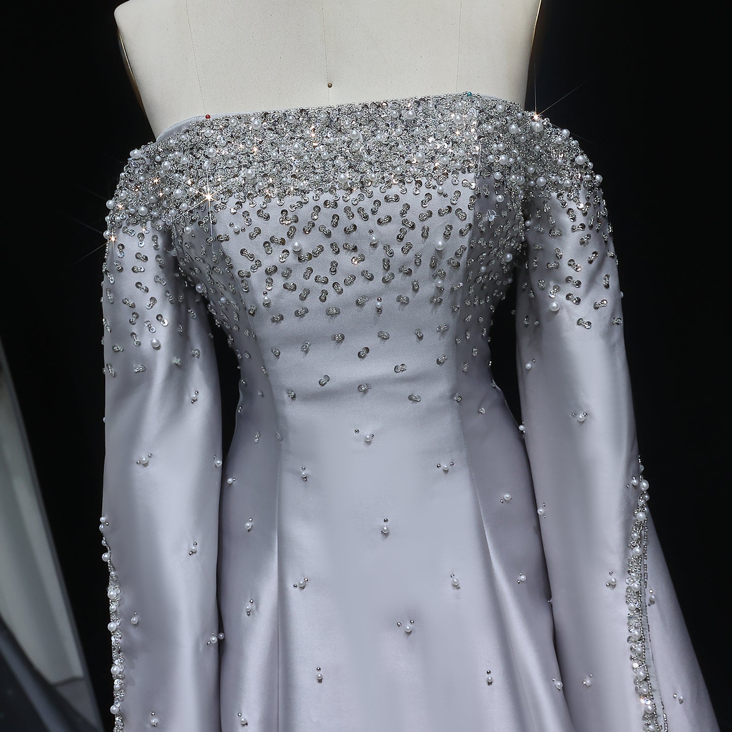 Luxury Beaded Gray Evening Dress with Cape Sleeve SS575