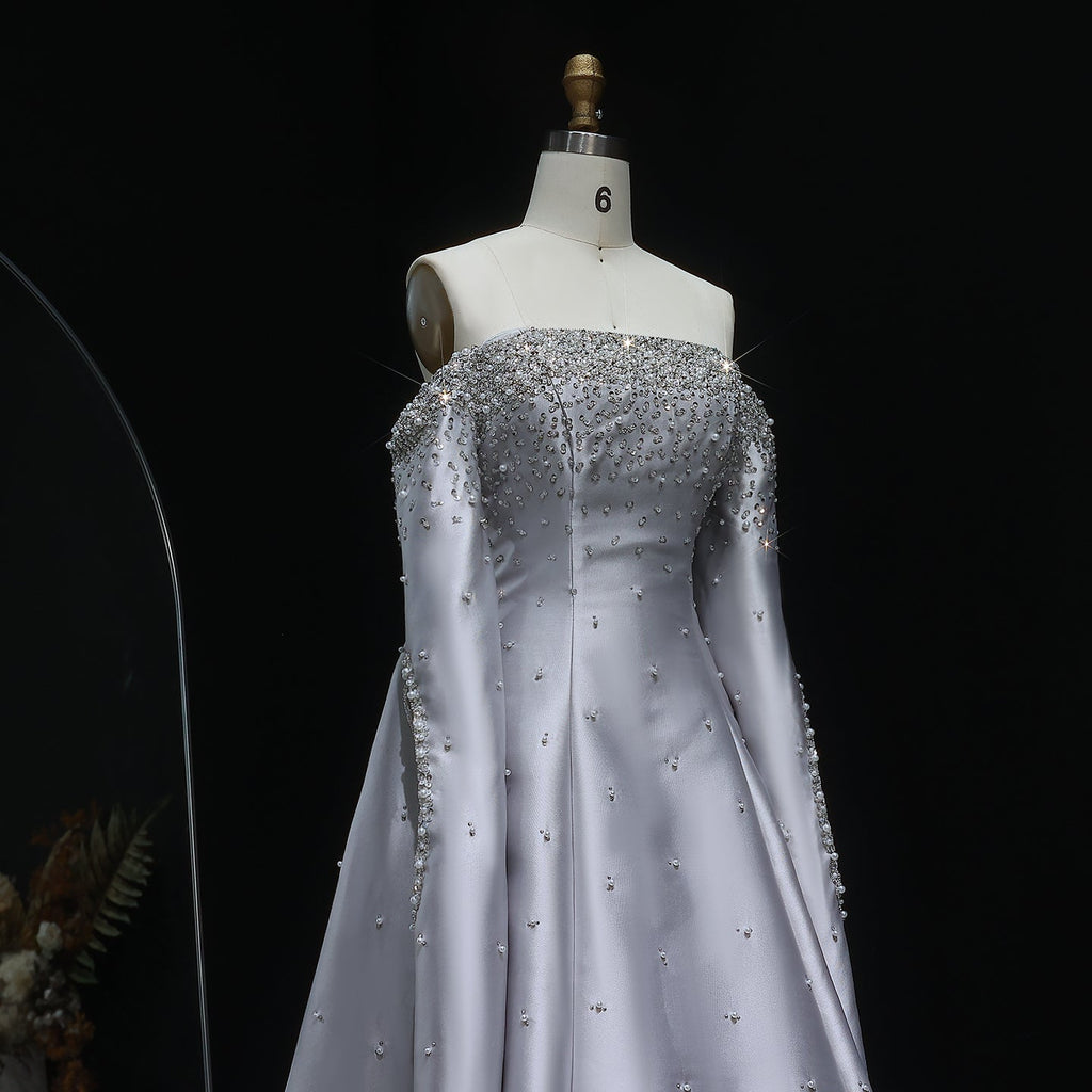 Luxury Beaded Gray Evening Dress with Cape Sleeve SS575