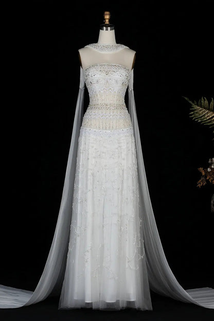 Luxury White Strapless Beaded Evening Dress with Scarf SS508