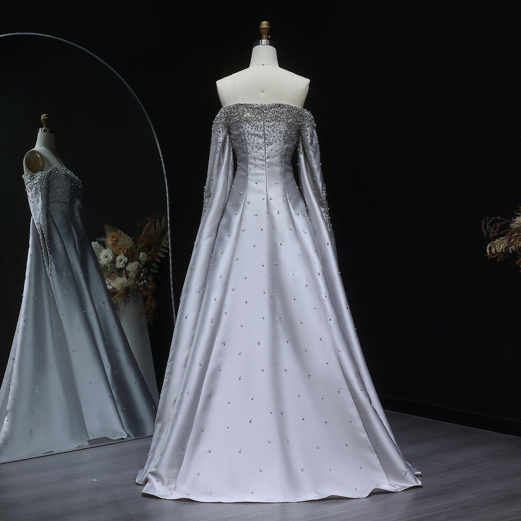 Luxury Beaded Gray Evening Dress with Cape Sleeve SS575
