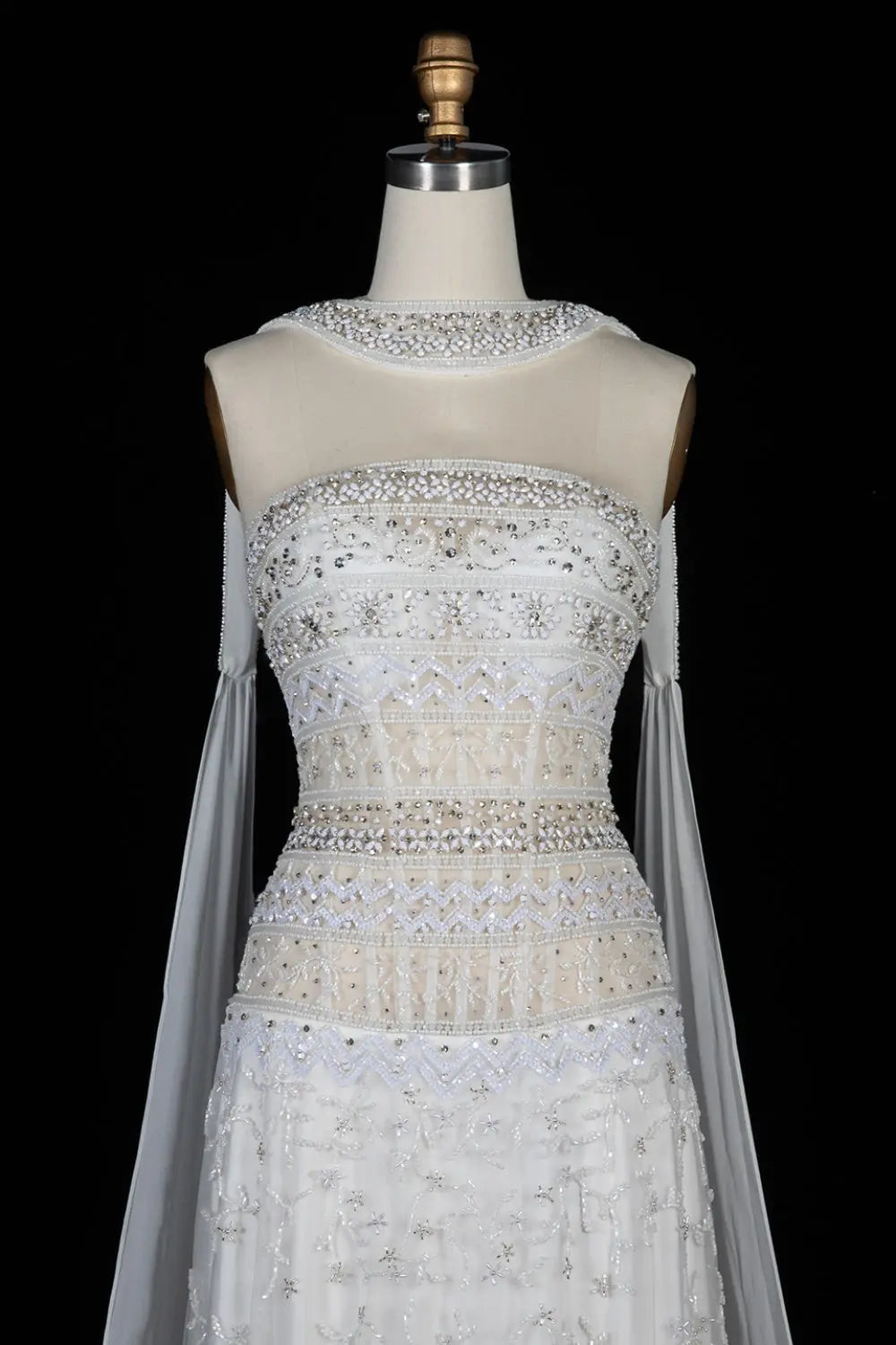 Luxury White Strapless Beaded Evening Dress with Scarf SS508