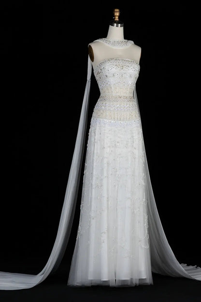 Luxury White Strapless Beaded Evening Dress with Scarf SS508