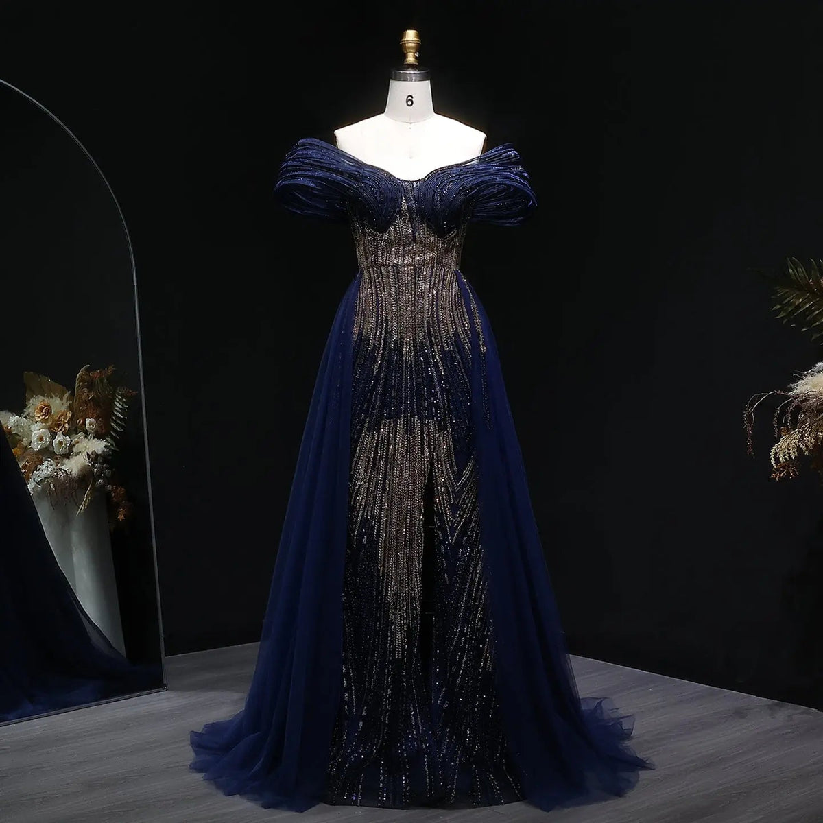 Luxury Champagne Corset Beaded Evening Gown with Overskirt SS717