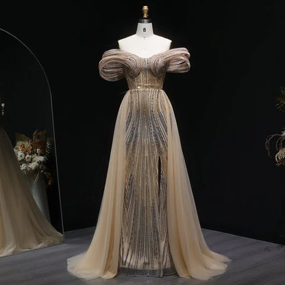 Luxury Champagne Corset Beaded Evening Gown with Overskirt SS717