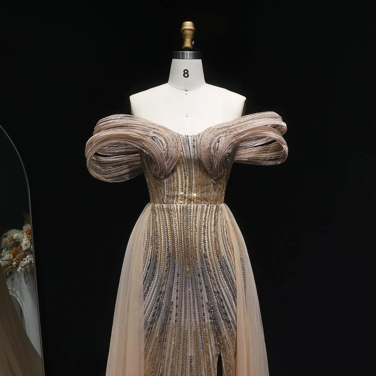 Luxury Champagne Corset Beaded Evening Gown with Overskirt SS717