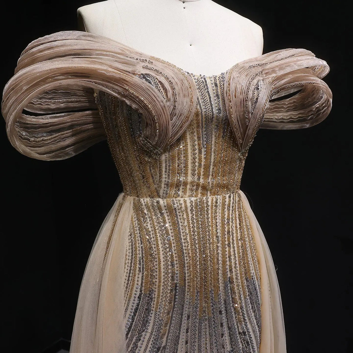 Luxury Champagne Corset Beaded Evening Gown with Overskirt SS717