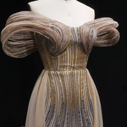 Luxury Champagne Corset Beaded Evening Gown with Overskirt SS717