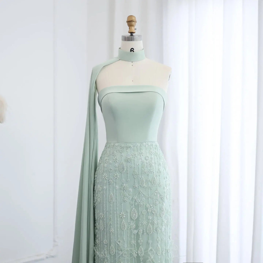 Luxury Sage Green Feathers Evening Dress with Scarf Cape SS014
