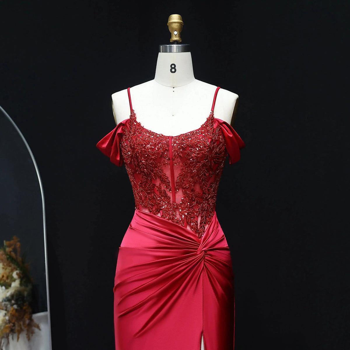 Luxury Red Spaghetti Strap Beaded Embroidered High-Slit Prom Dress SH513