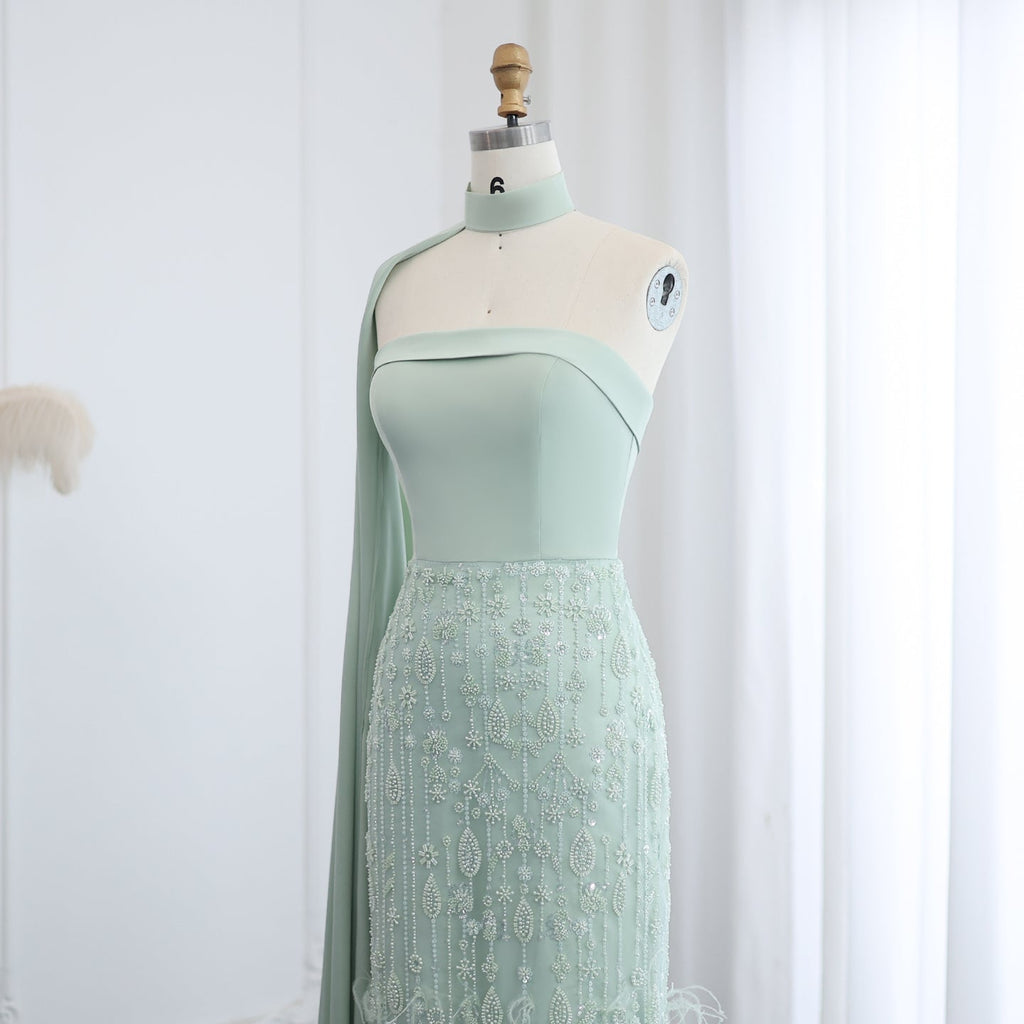 Luxury Sage Green Feathers Evening Dress with Scarf Cape SS014