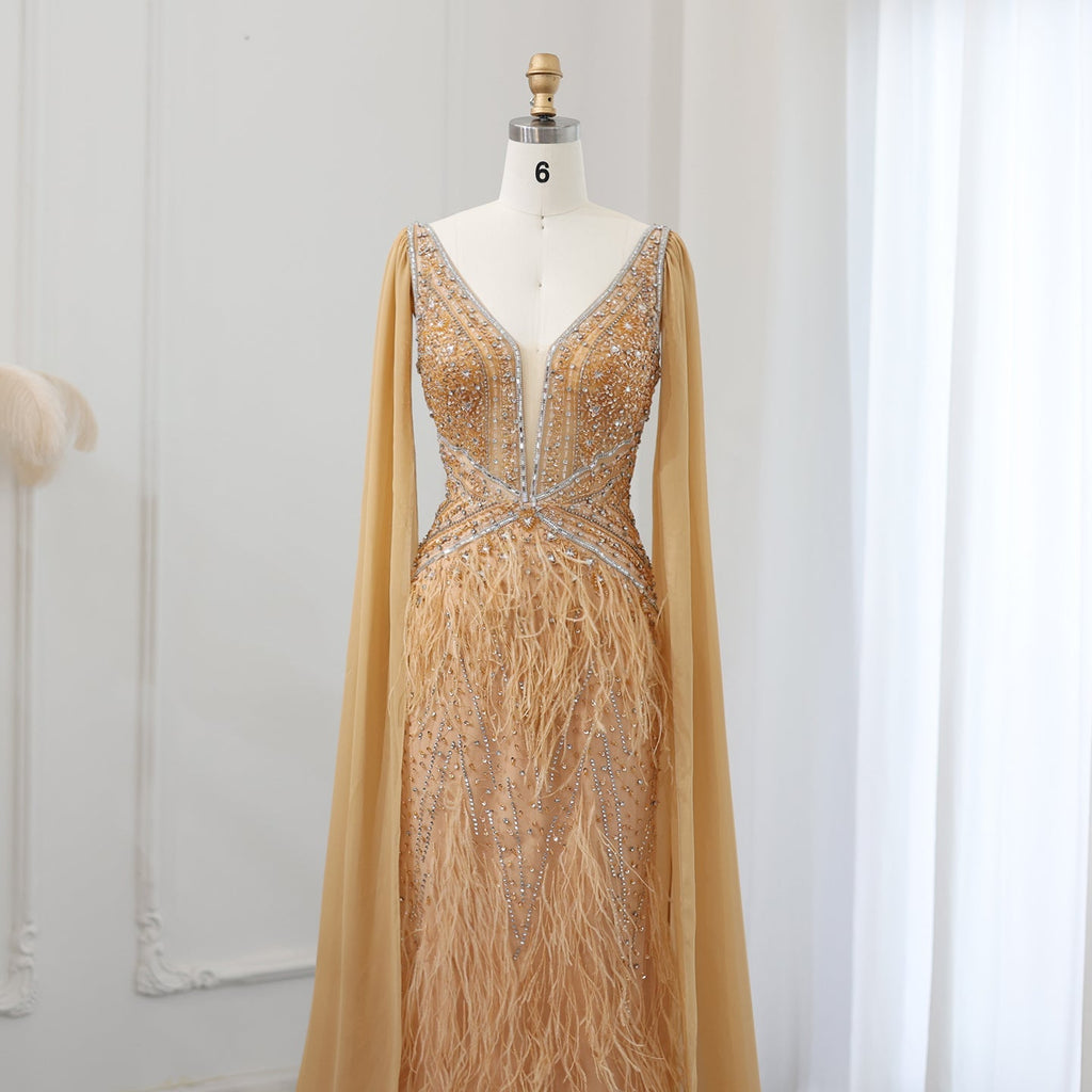 Luxury Feathers Blue Mermaid Evening Dress with Cape Sleeves SS027