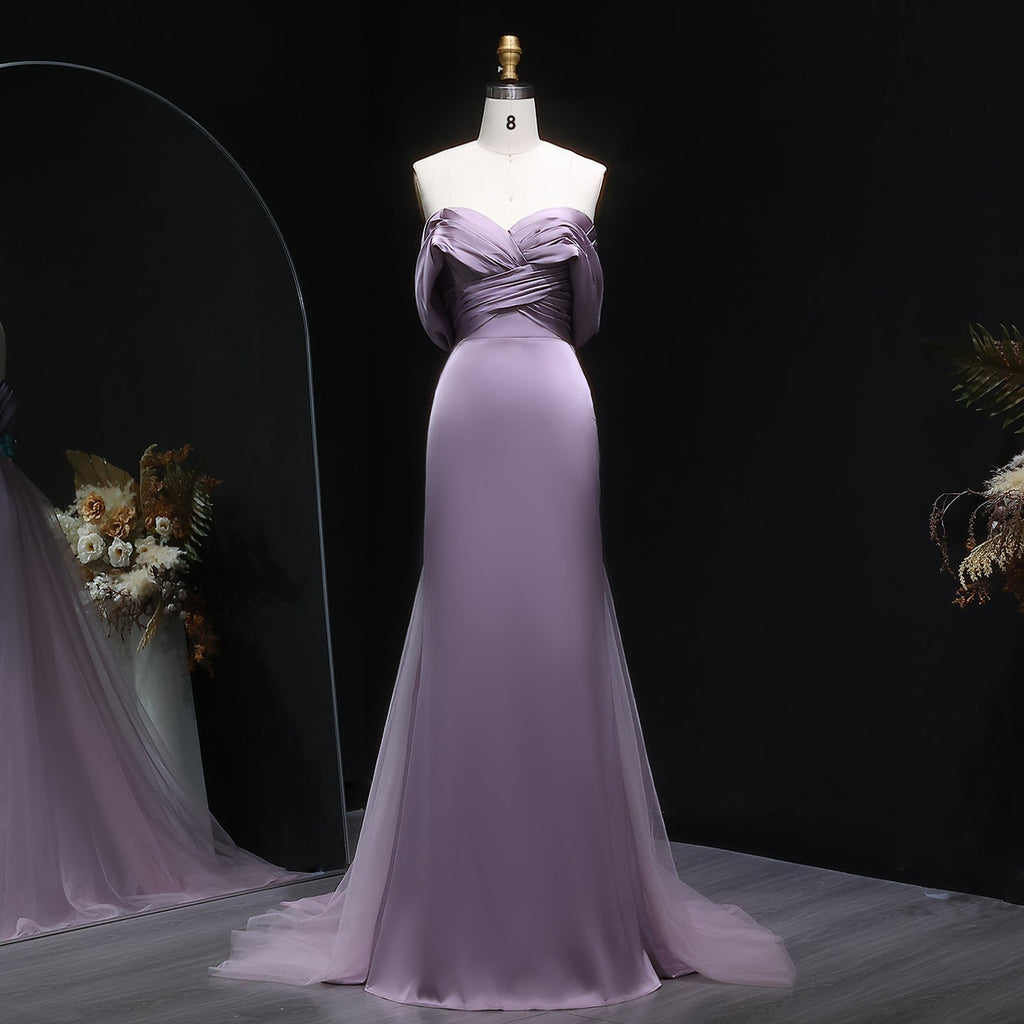 Luxury Lilac Off Shoulder Draped Evening Dress with Overskirt SF096