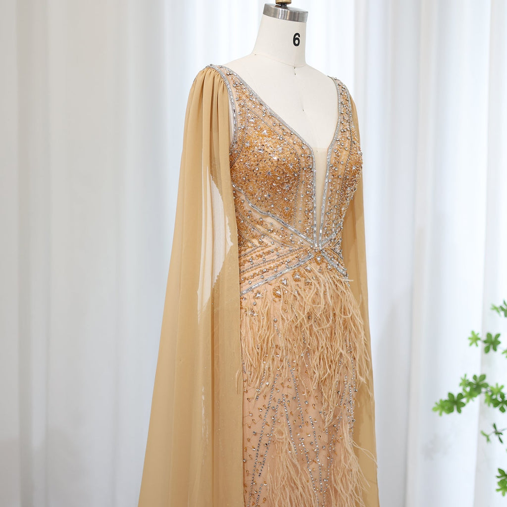 Luxury Feathers Blue Mermaid Evening Dress with Cape Sleeves SS027