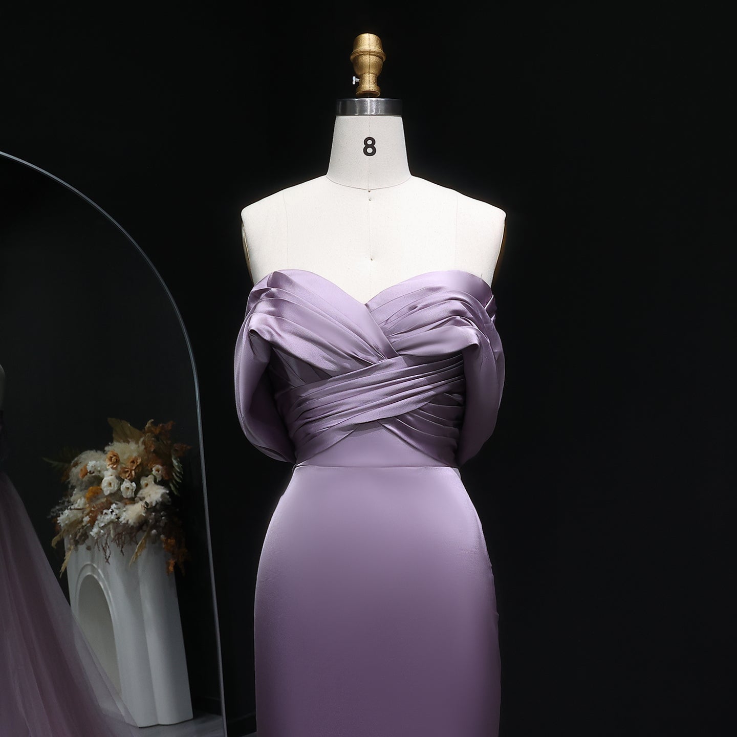 Luxury Lilac Off Shoulder Draped Evening Dress with Overskirt SF096