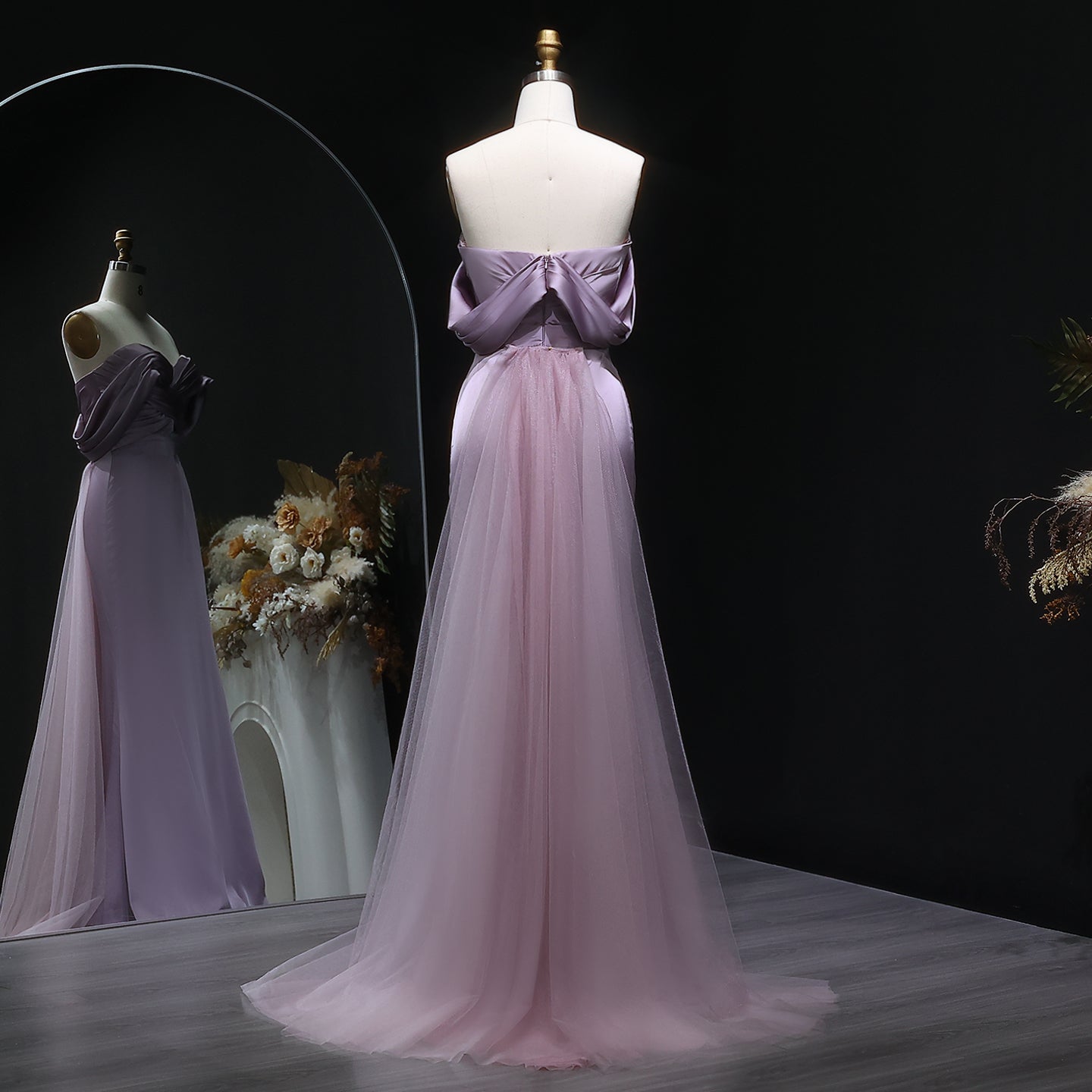 Luxury Lilac Off Shoulder Draped Evening Dress with Overskirt SF096