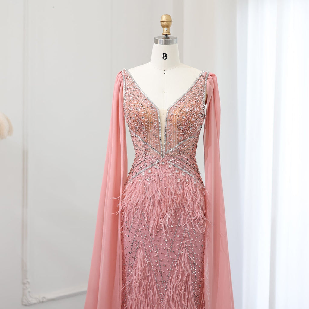 Luxury Feathers Blue Mermaid Evening Dress with Cape Sleeves SS027