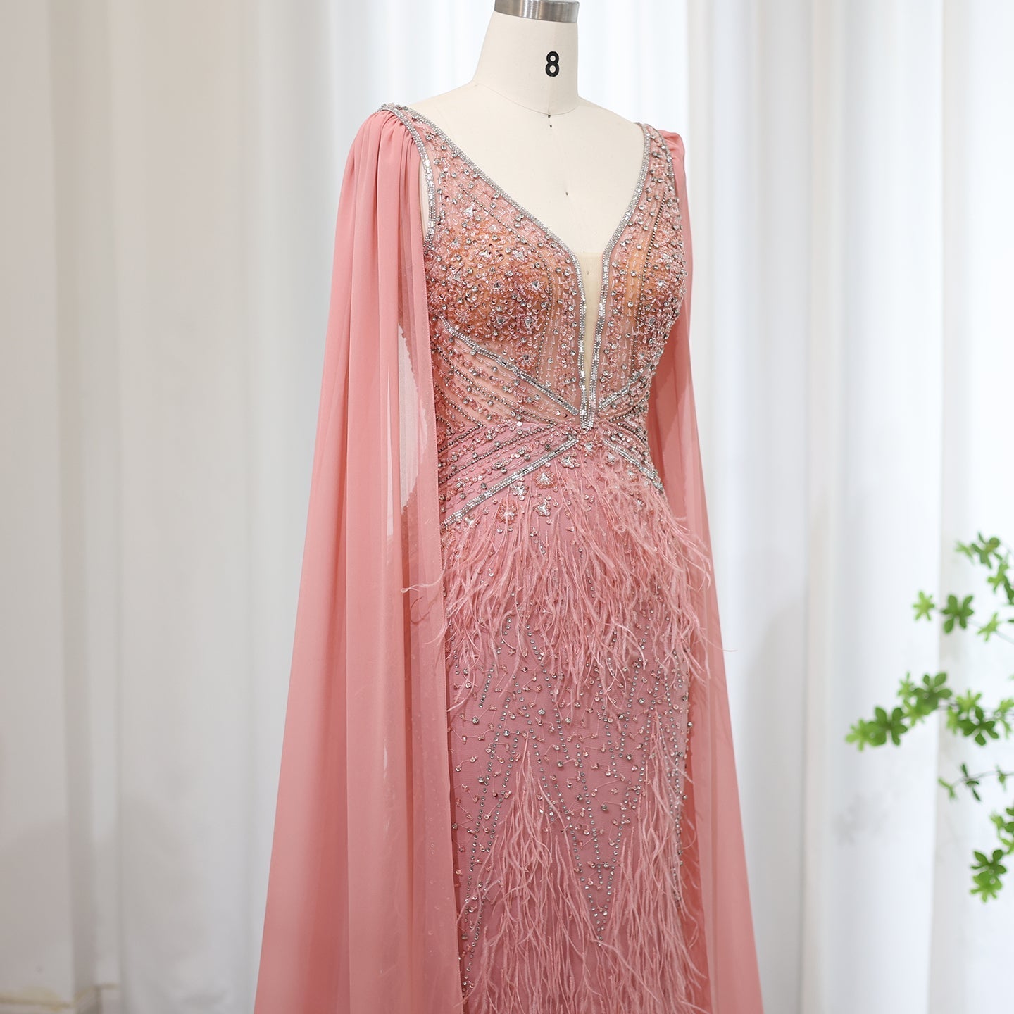 Luxury Feathers Blue Mermaid Evening Dress with Cape Sleeves SS027