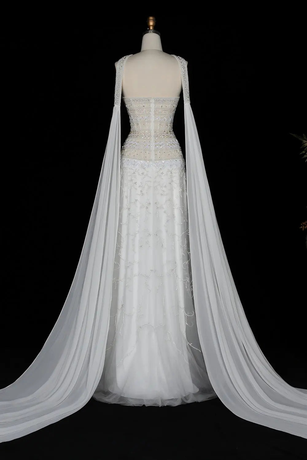 Luxury White Strapless Beaded Evening Dress with Scarf SS508