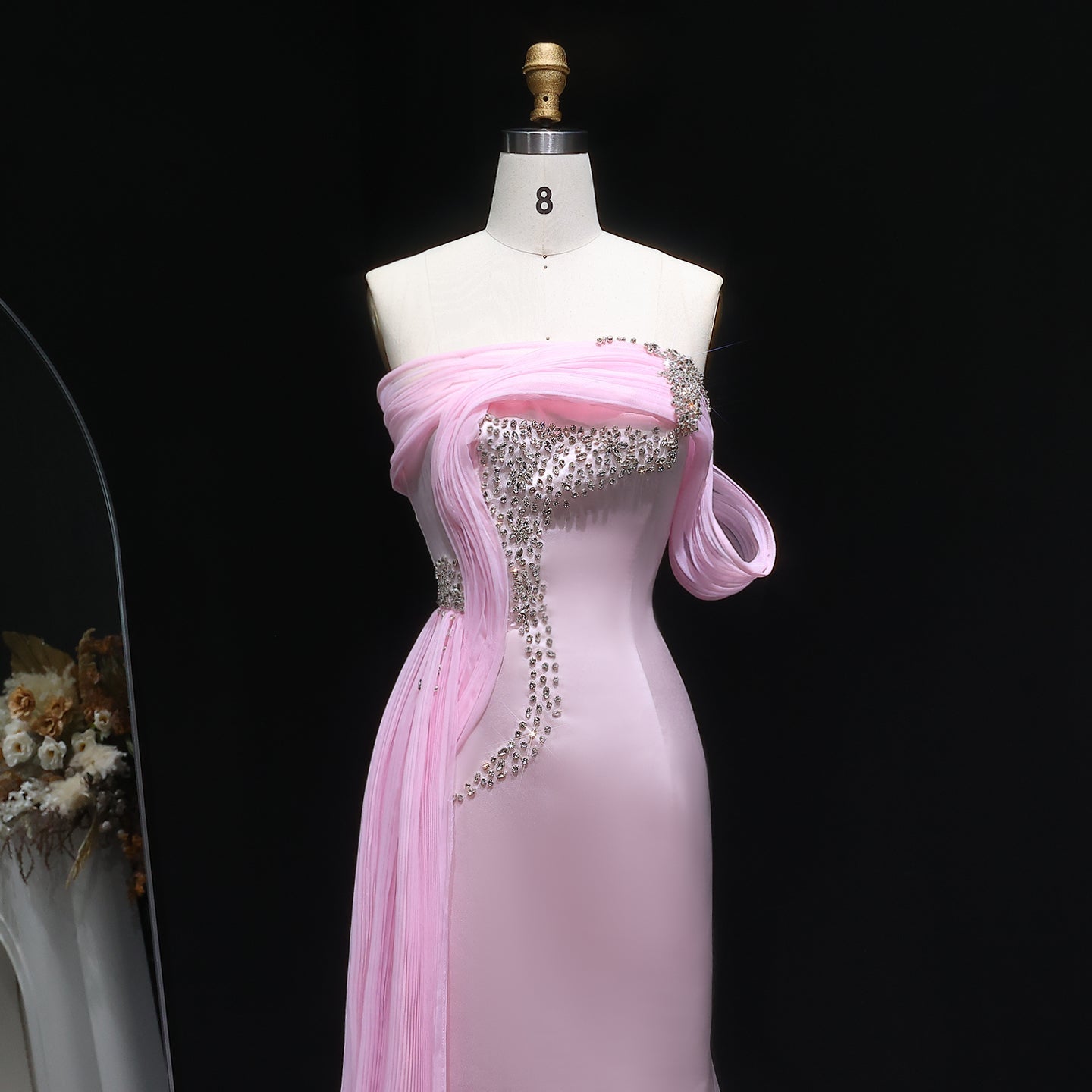 Luxury Light Pink Beaded Fitted Evening Dress with Overskirt SF501