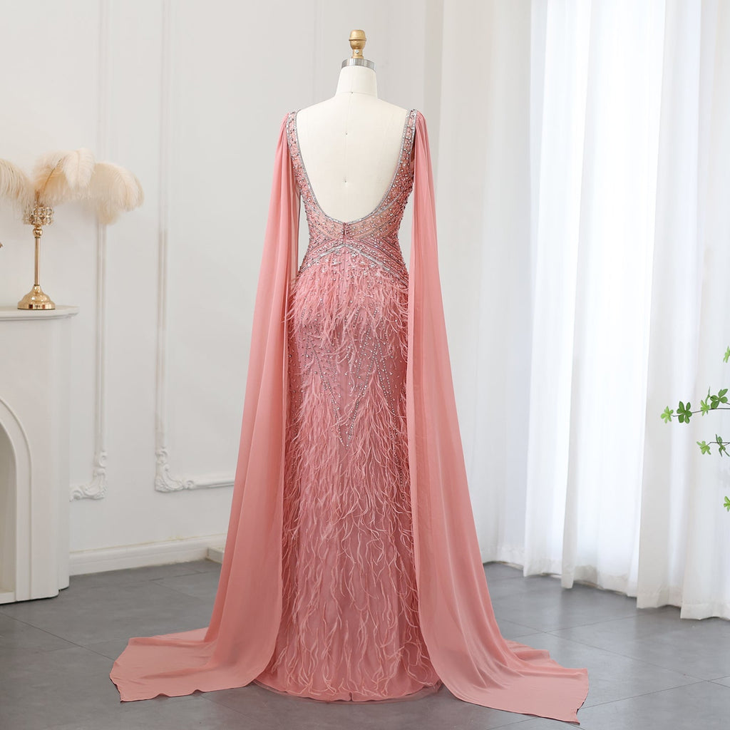Luxury Feathers Blue Mermaid Evening Dress with Cape Sleeves SS027