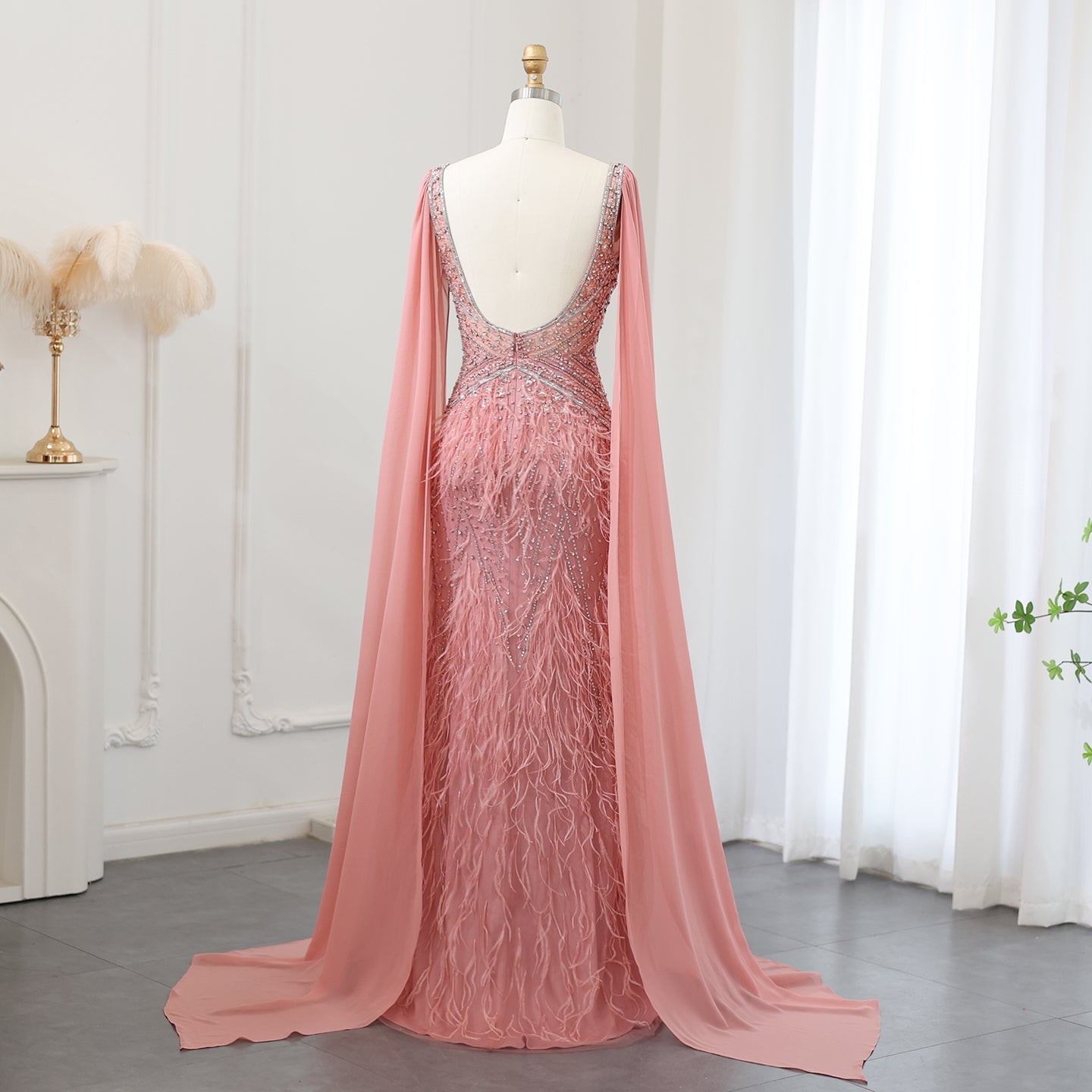 Luxury Feathers Blue Mermaid Evening Dress with Cape Sleeves SS027