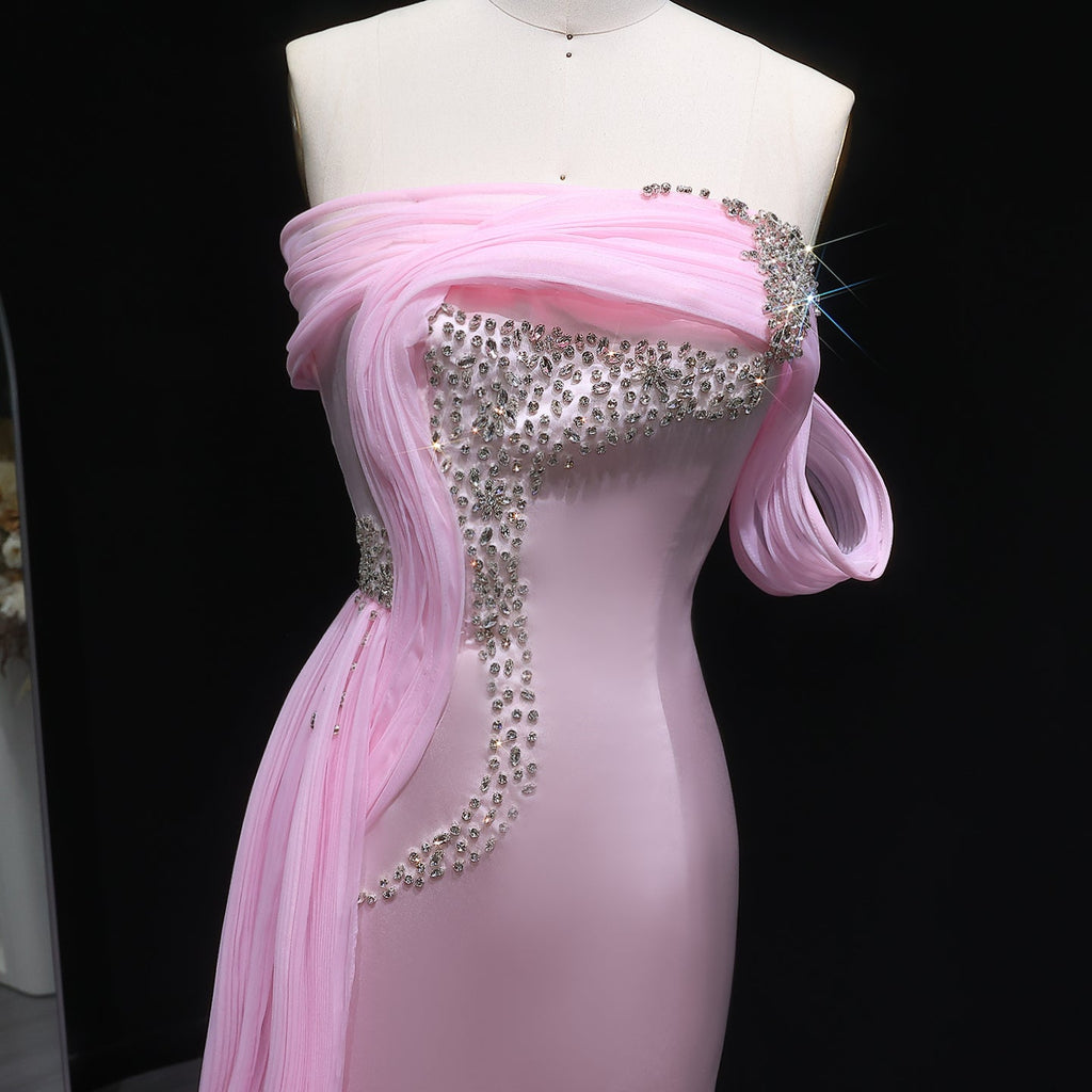 Luxury Light Pink Beaded Fitted Evening Dress with Overskirt SF501