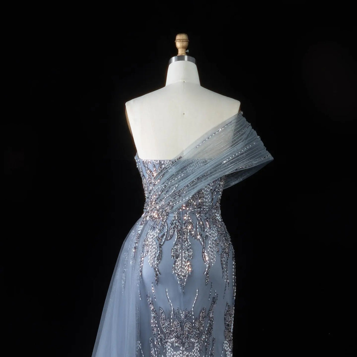 Dreamy Blue Cascading Crystal Embroidery Side Sweeping Tulle Train Maxi Evening Dress SS136