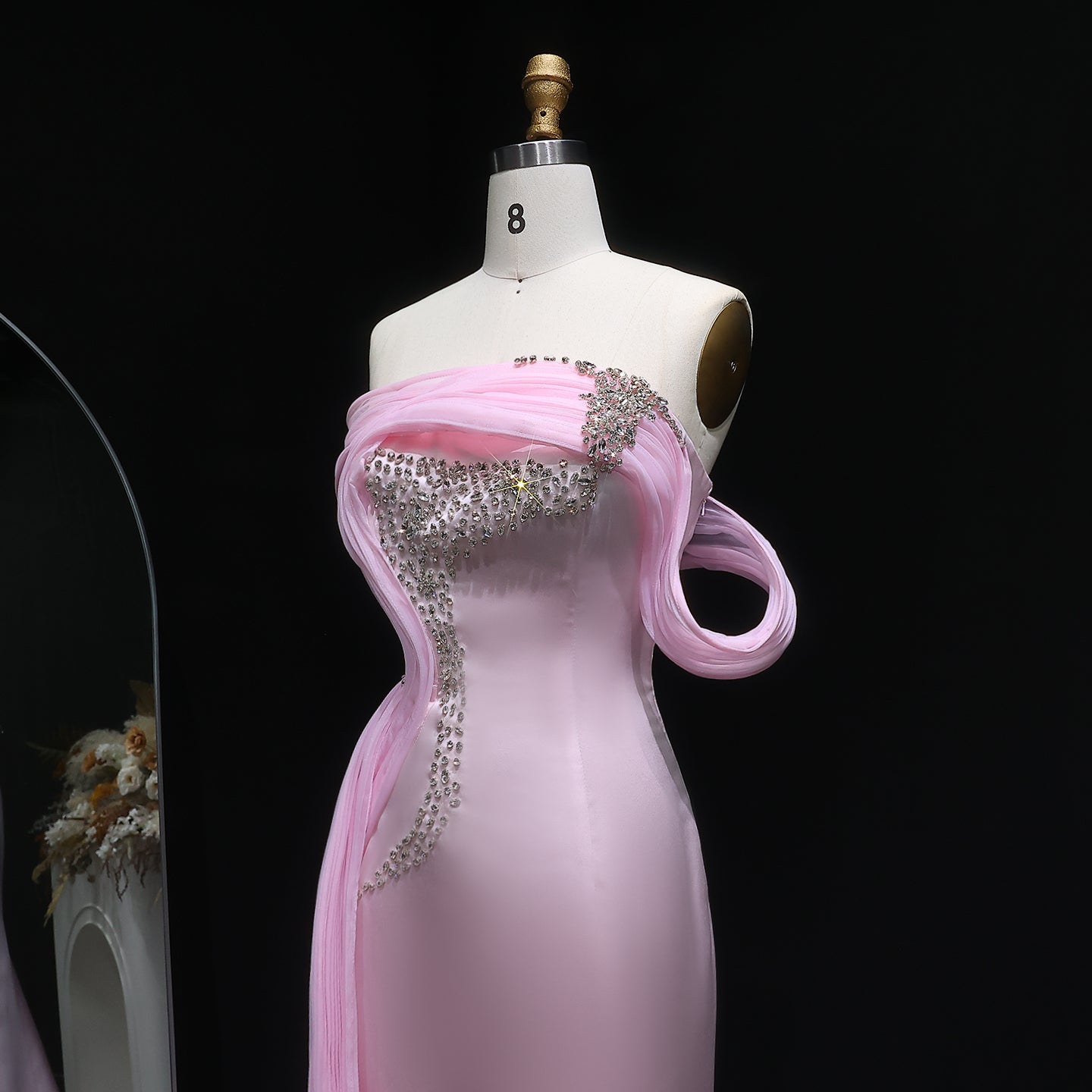 Luxury Light Pink Beaded Fitted Evening Dress with Overskirt SF501