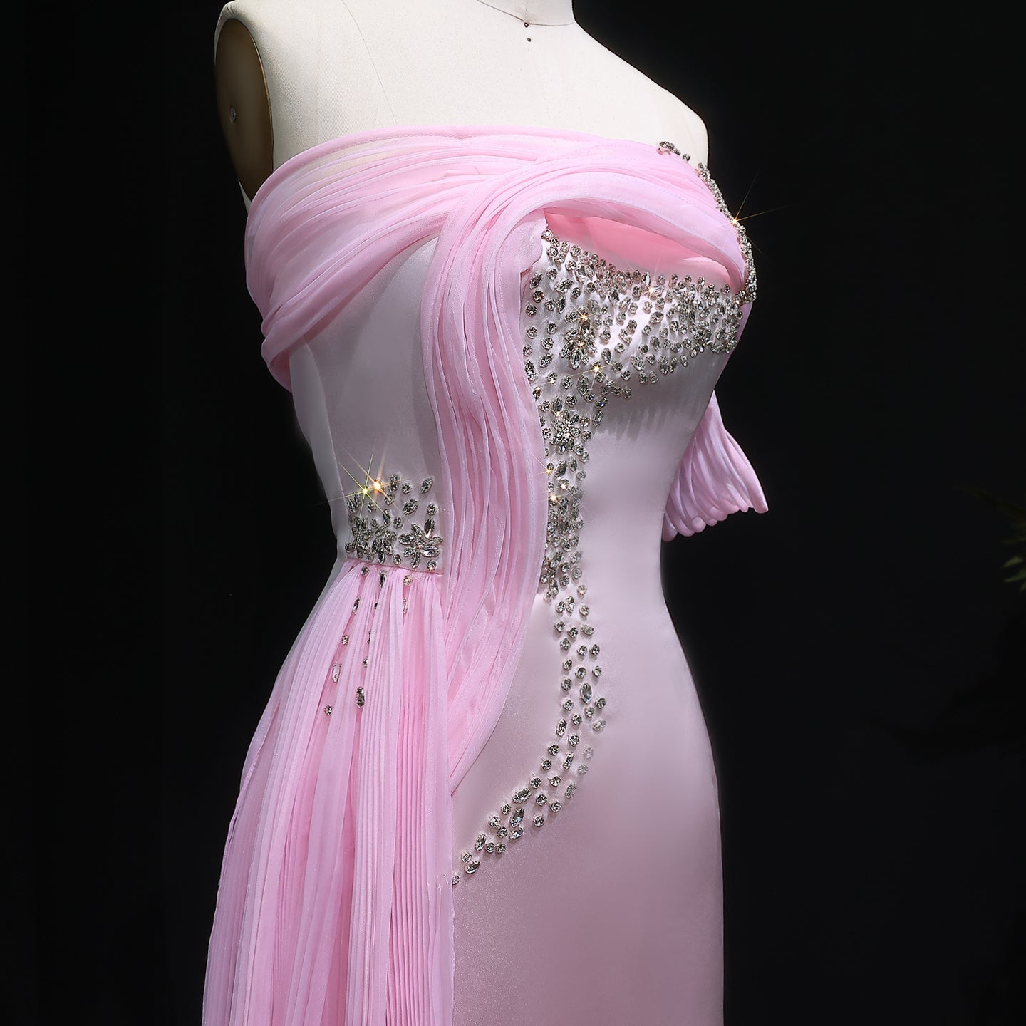 Luxury Light Pink Beaded Fitted Evening Dress with Overskirt SF501