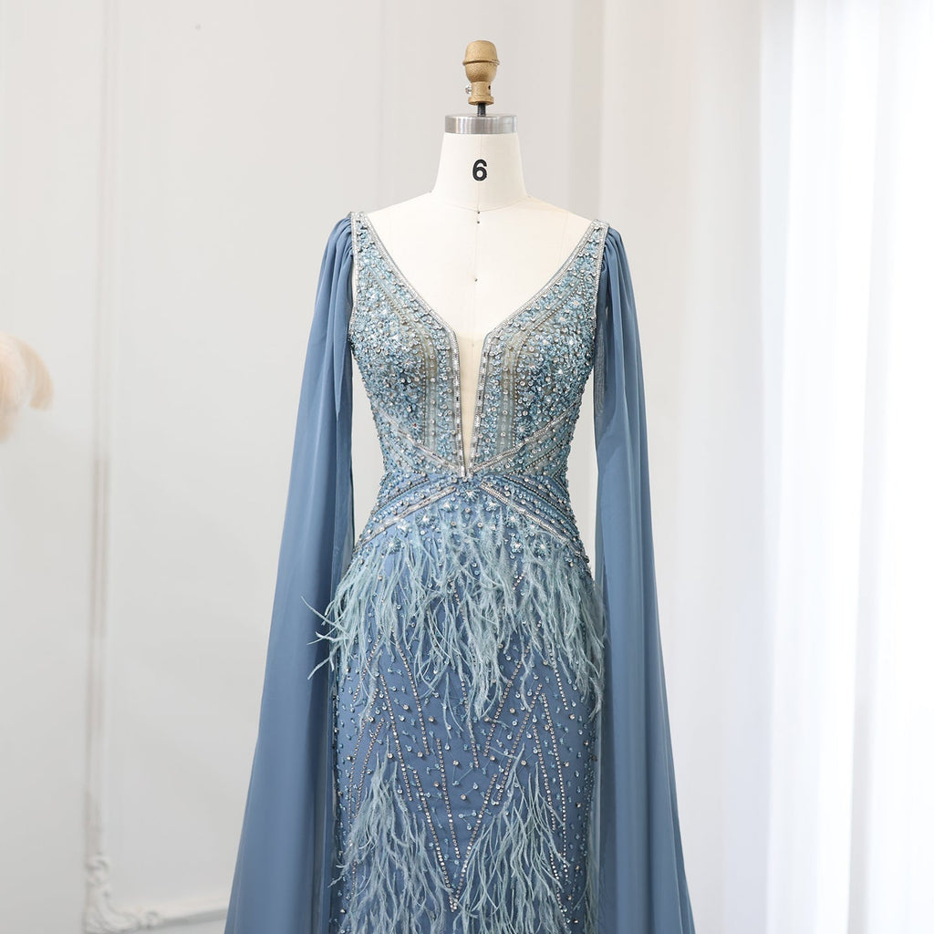 Luxury Feathers Blue Mermaid Evening Dress with Cape Sleeves SS027