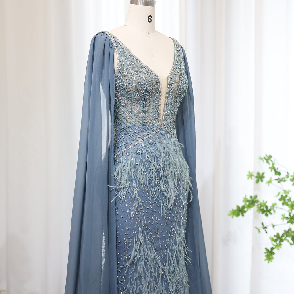 Luxury Feathers Blue Mermaid Evening Dress with Cape Sleeves SS027