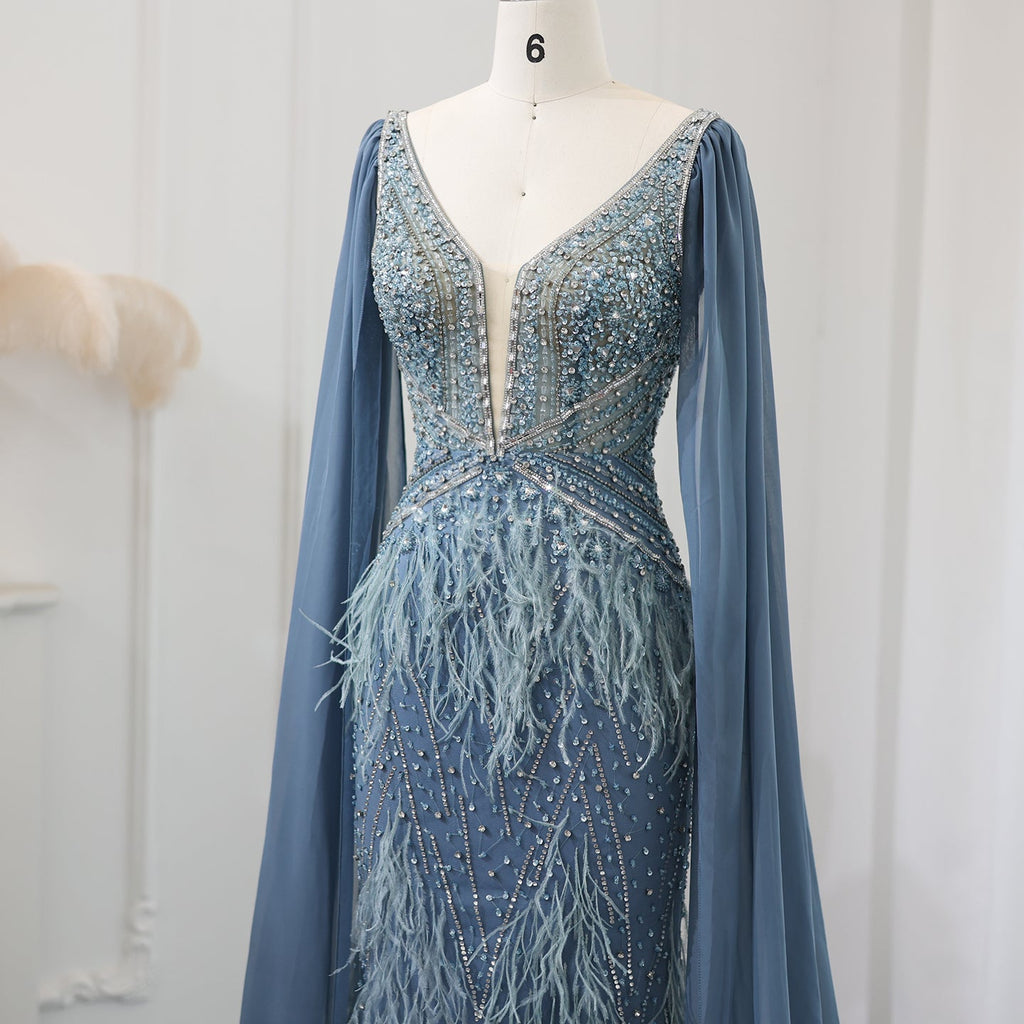Luxury Feathers Blue Mermaid Evening Dress with Cape Sleeves SS027