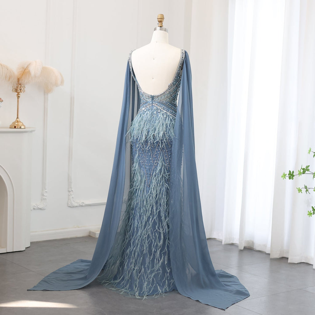 Luxury Feathers Blue Mermaid Evening Dress with Cape Sleeves SS027