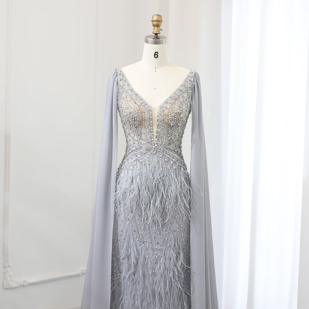 Luxury Feathers Blue Mermaid Evening Dress with Cape Sleeves SS027