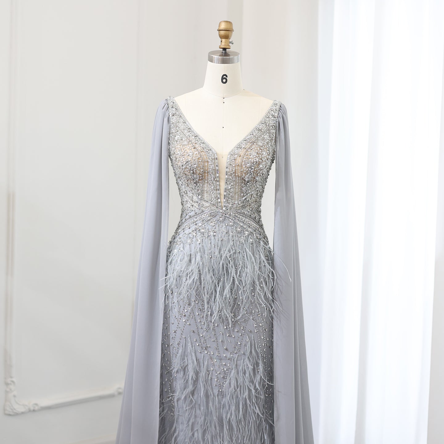 Luxury Feathers Blue Mermaid Evening Dress with Cape Sleeves SS027