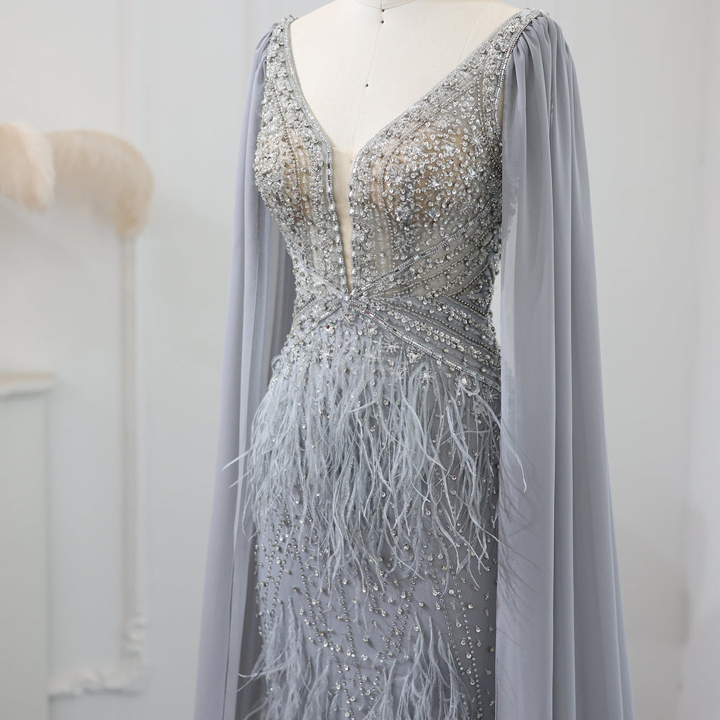 Luxury Feathers Blue Mermaid Evening Dress with Cape Sleeves SS027
