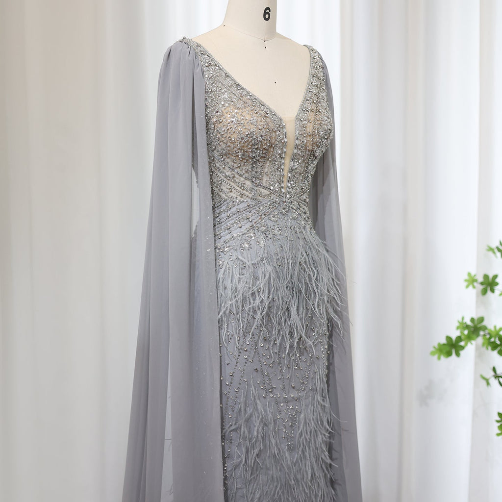 Luxury Feathers Blue Mermaid Evening Dress with Cape Sleeves SS027