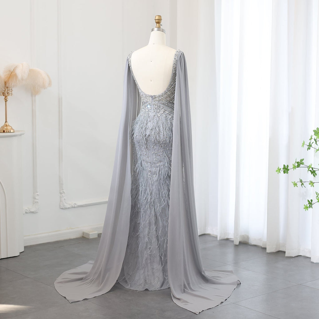 Luxury Feathers Blue Mermaid Evening Dress with Cape Sleeves SS027