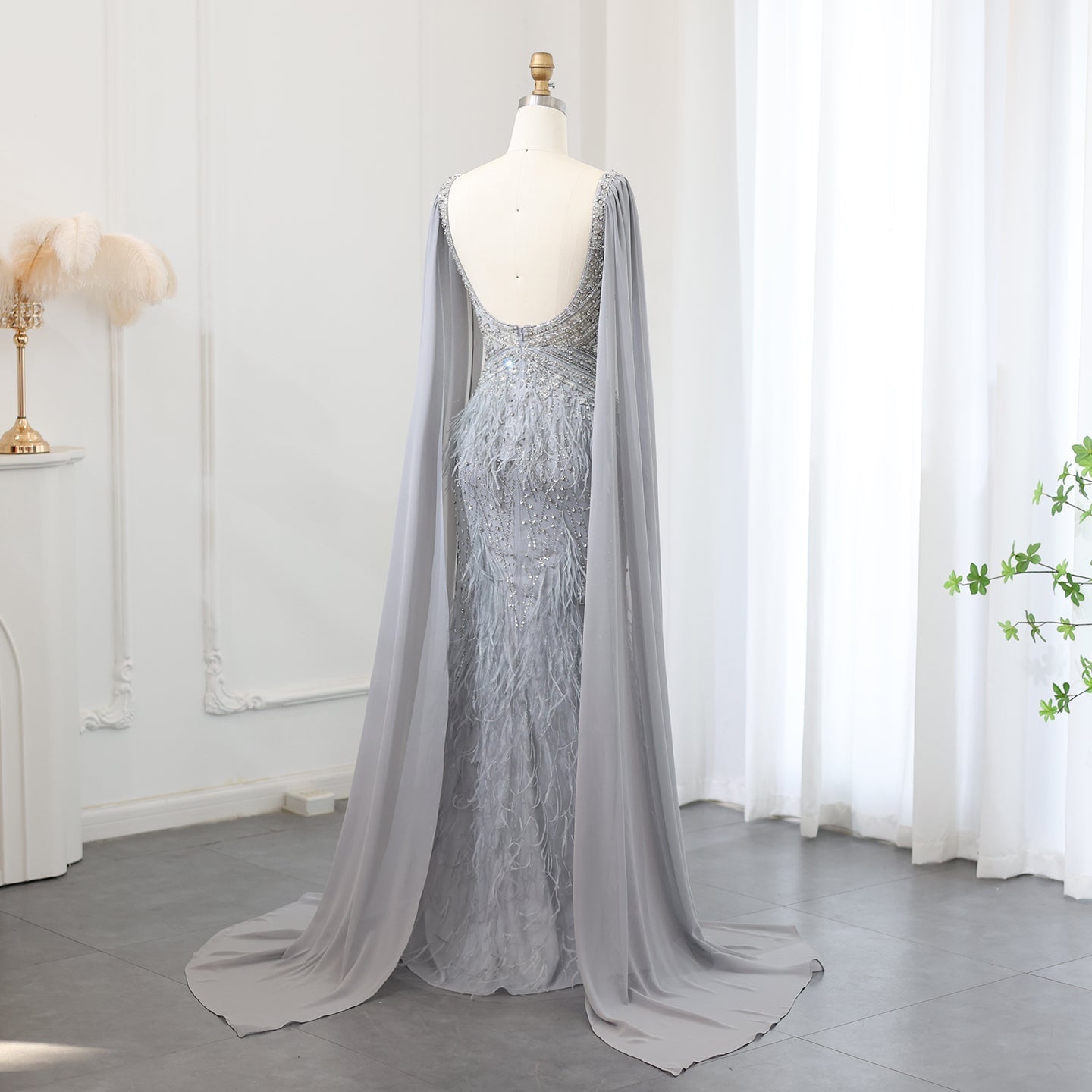 Luxury Feathers Blue Mermaid Evening Dress with Cape Sleeves SS027