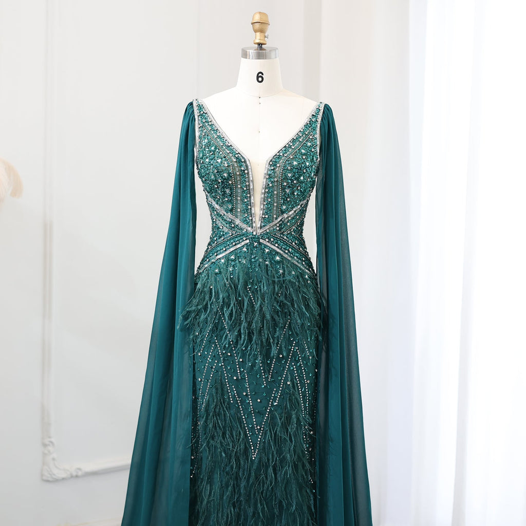 Luxury Feathers Blue Mermaid Evening Dress with Cape Sleeves SS027