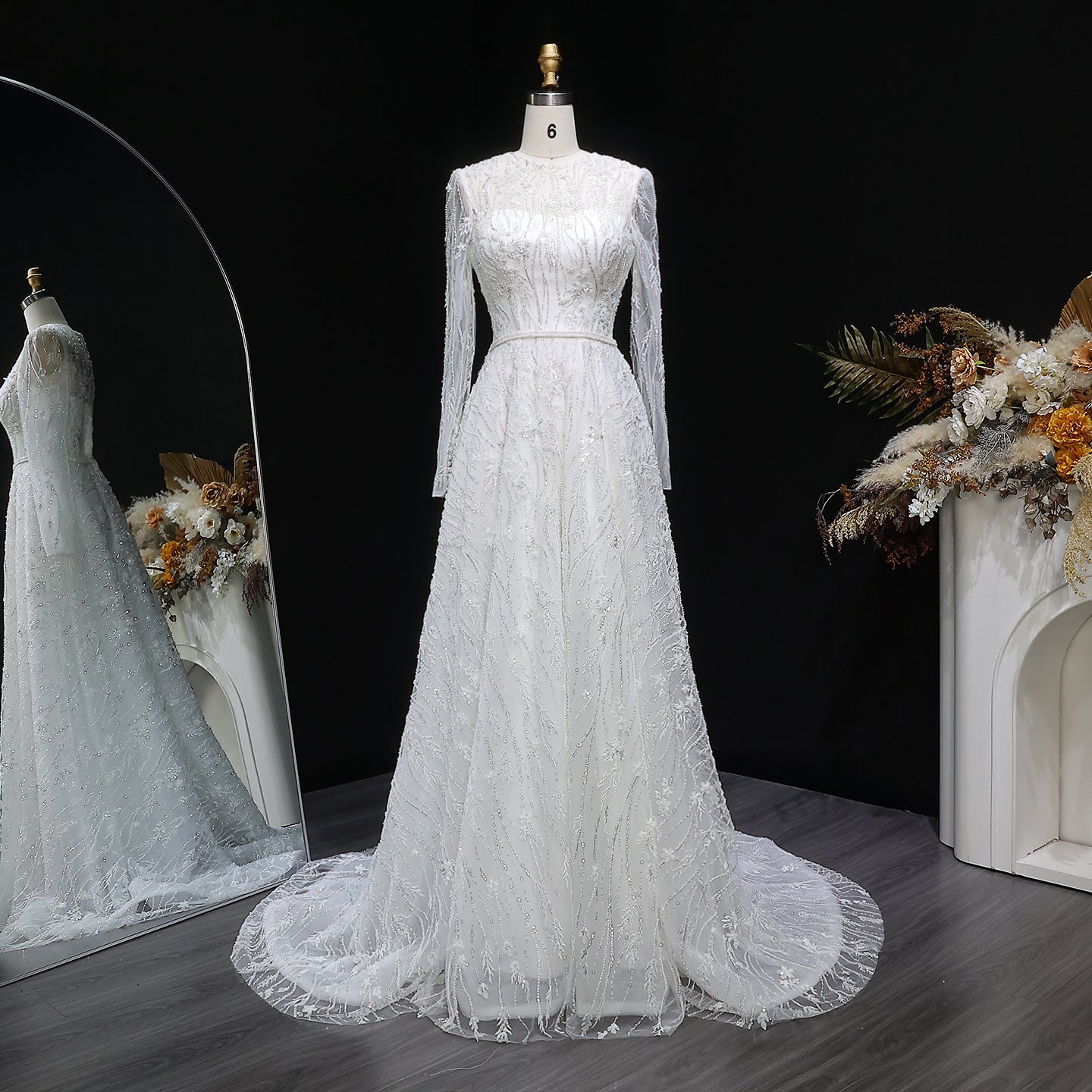Elegant Sequins Beaded Lace Long Sleeve Wedding Dress SW525