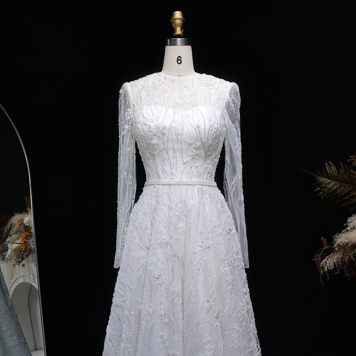 Elegant Sequins Beaded Lace Long Sleeve Wedding Dress SW525