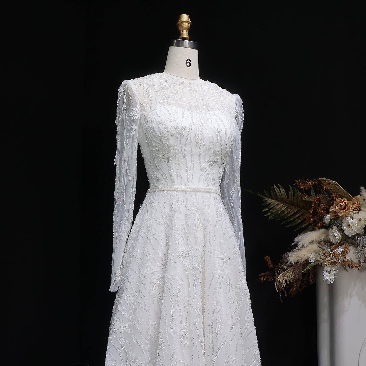 Elegant Sequins Beaded Lace Long Sleeve Wedding Dress SW525