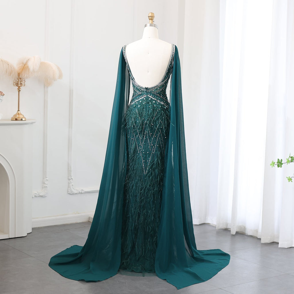 Luxury Feathers Blue Mermaid Evening Dress with Cape Sleeves SS027