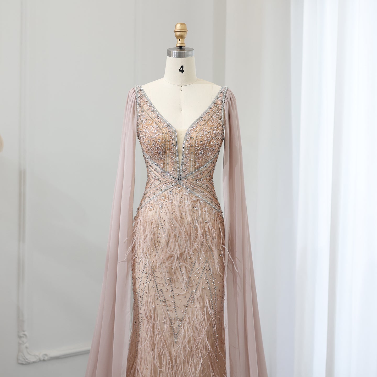 Luxury Feathers Blue Mermaid Evening Dress with Cape Sleeves SS027